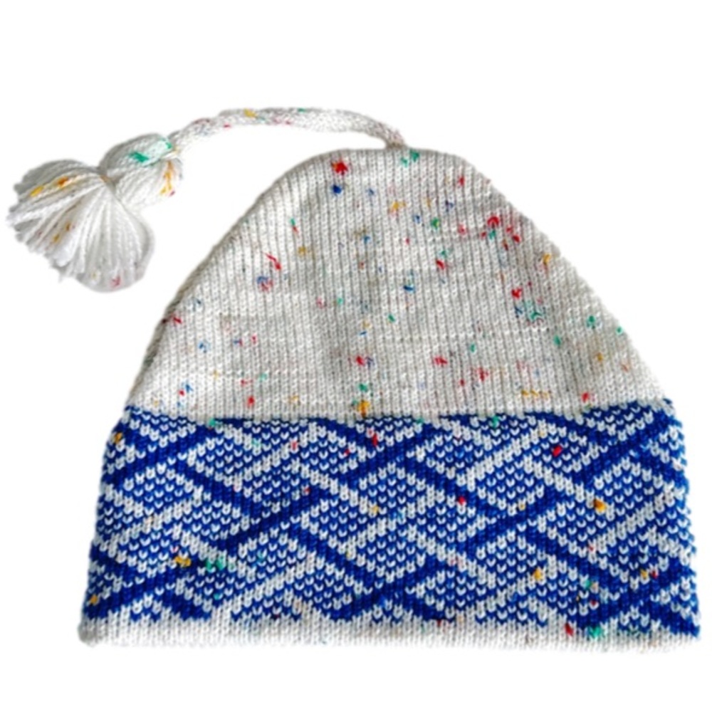 💕 Vintage Kids Knit Acrylic Blue & White Toque With Pom Pom